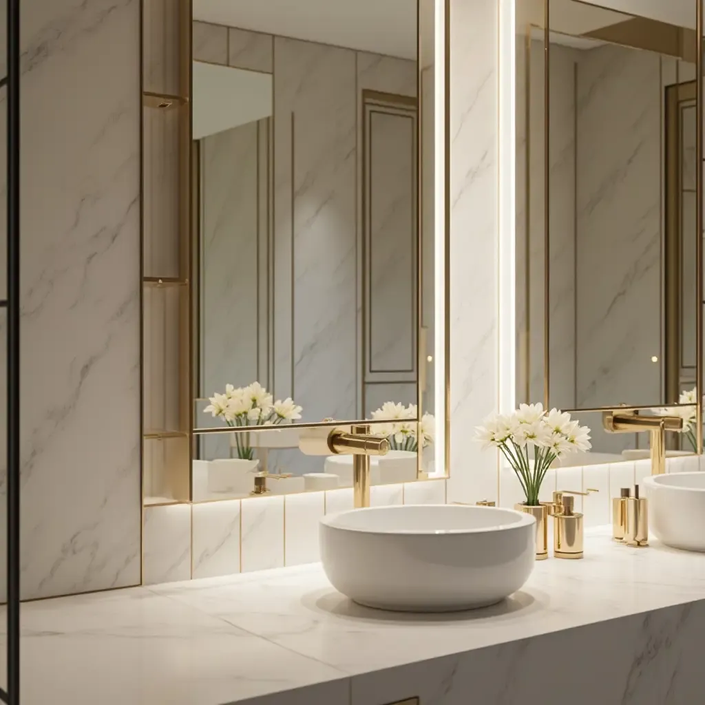 a photo of a stylish bathroom with gold-plated faucets and elegant finishes