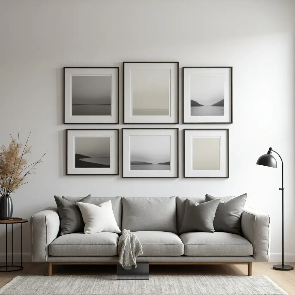 a photo of a grey sofa set against a gallery wall of framed art