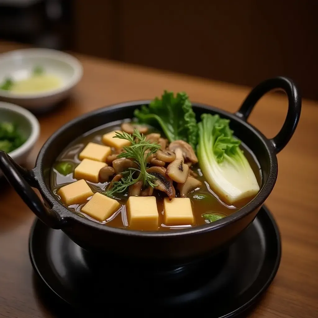 a photo of a hearty vegetarian hot pot with mushrooms, tofu, and bok choy in a rich broth.