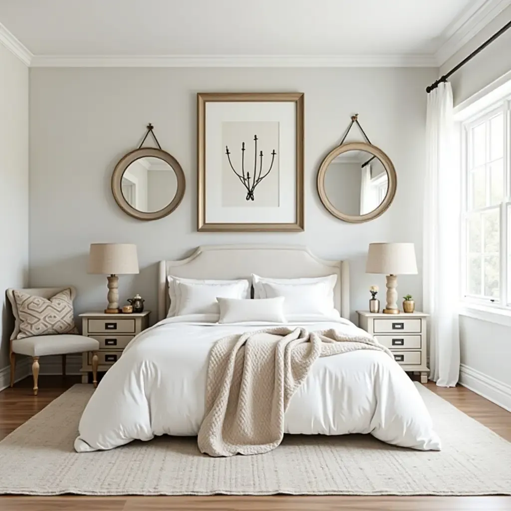 a photo of a charming bedroom with vintage mirrors and farmhouse wall art