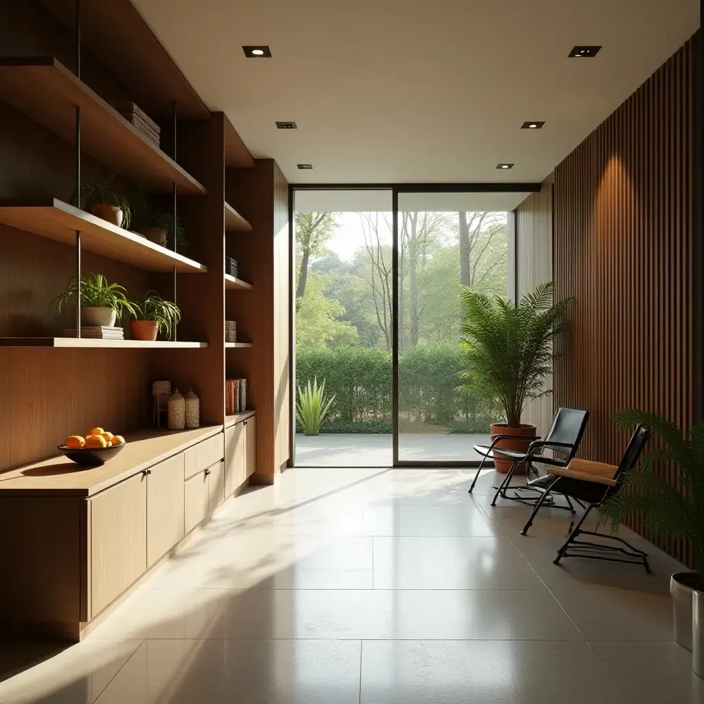 a photo of a spacious corridor with open shelving and greenery