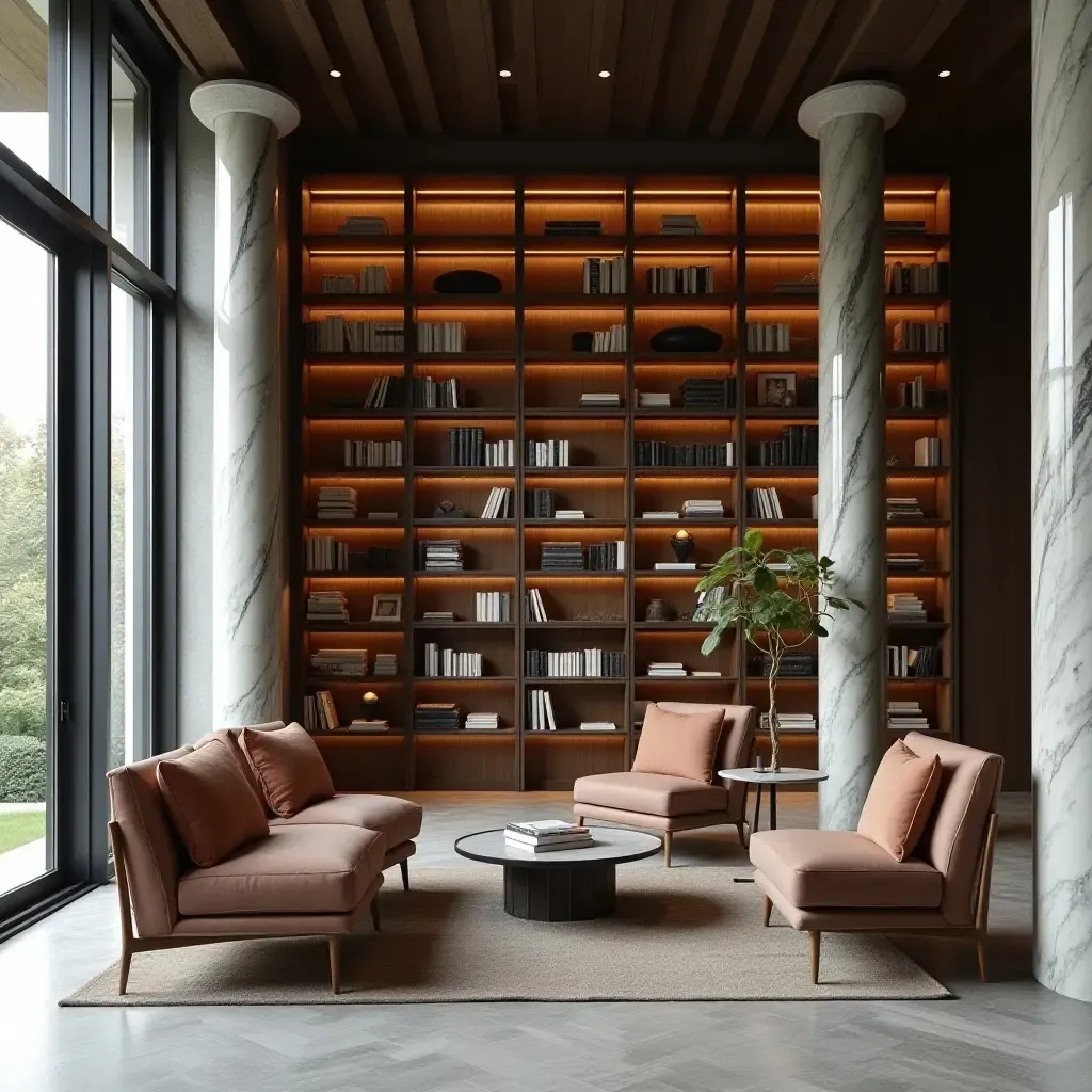 a photo of a modern library with marble columns and stylish furniture