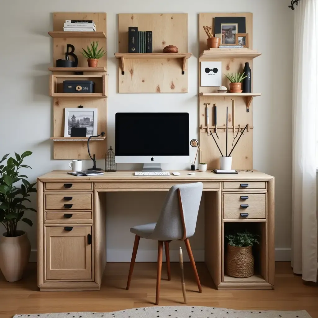 a photo of a creative desk organization system made from recycled materials in a teen&#x27;s room