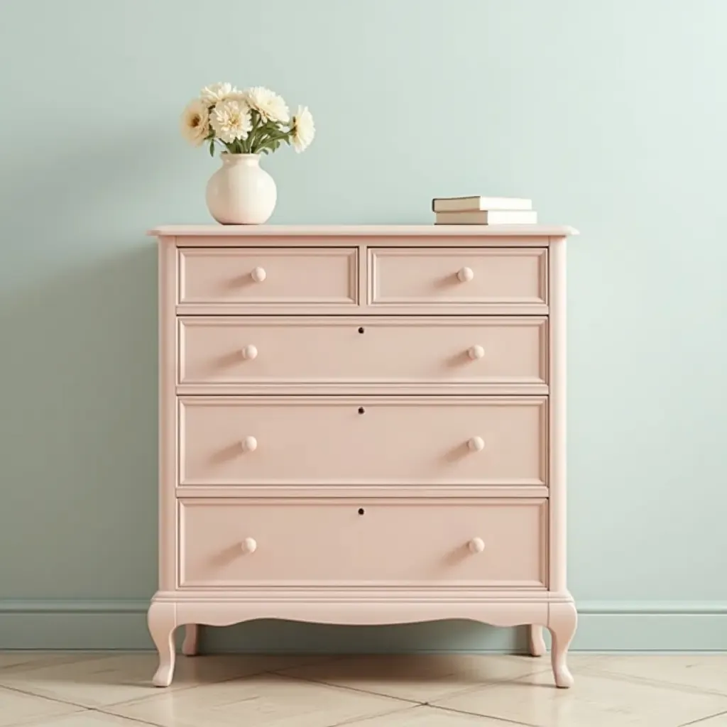 a photo of a vintage-style chest of drawers in a pastel color