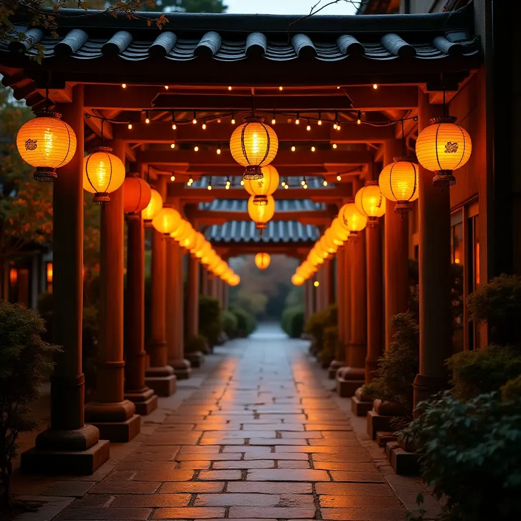 a photo of an entrance adorned with hanging lanterns and warm lighting