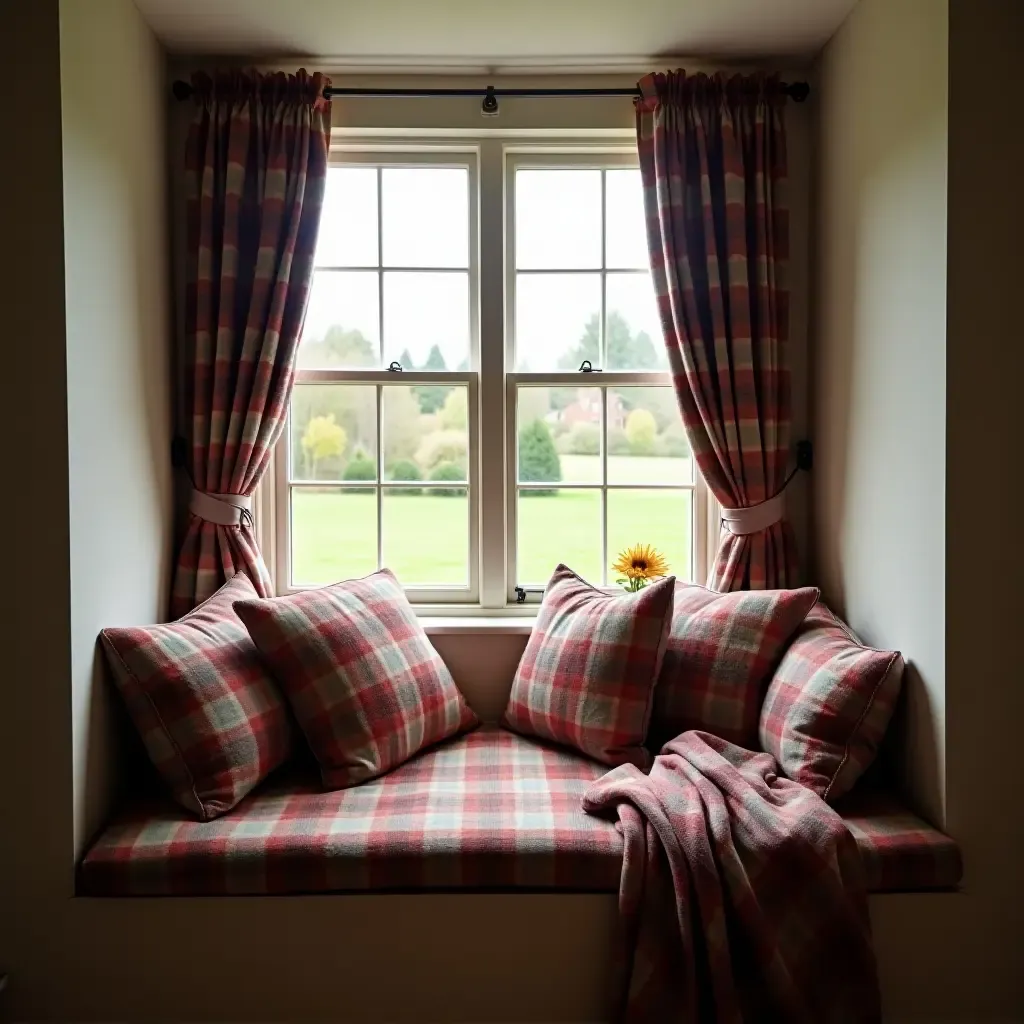 a photo of a quaint window seat with plaid blankets and cushions