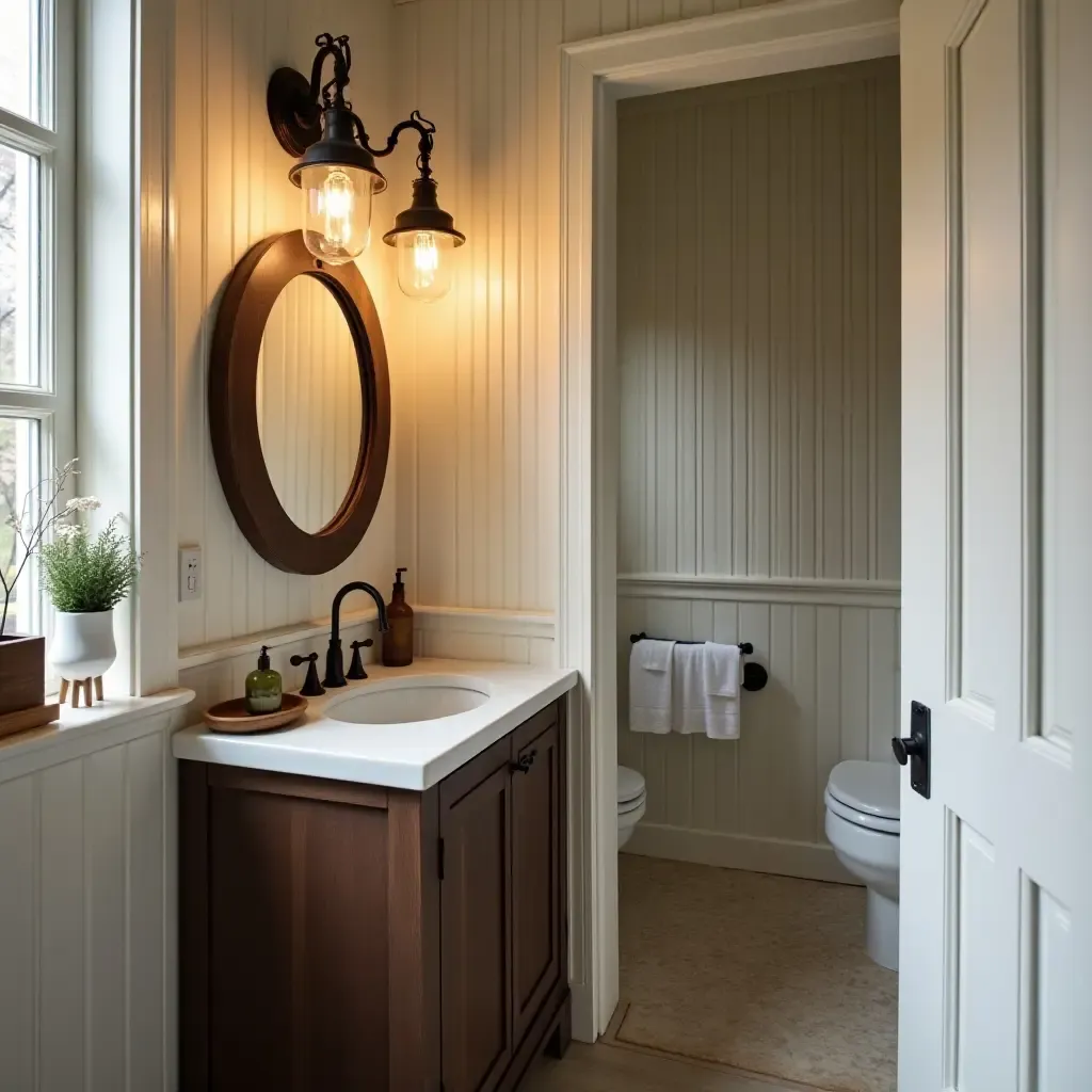 a photo of a vintage-inspired bathroom featuring rustic pendant lighting over the sink