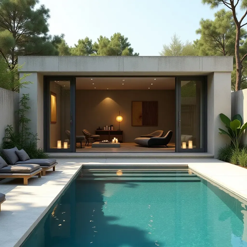 a photo of a tranquil pool area with serene storage designs