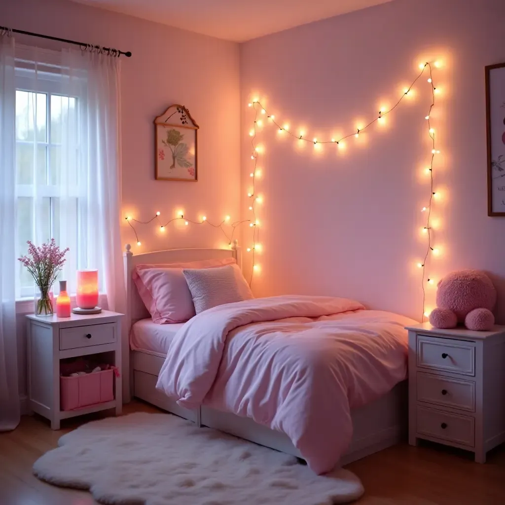 a photo of a teen&#x27;s bedroom with dreamy fairy lights and pastel colors