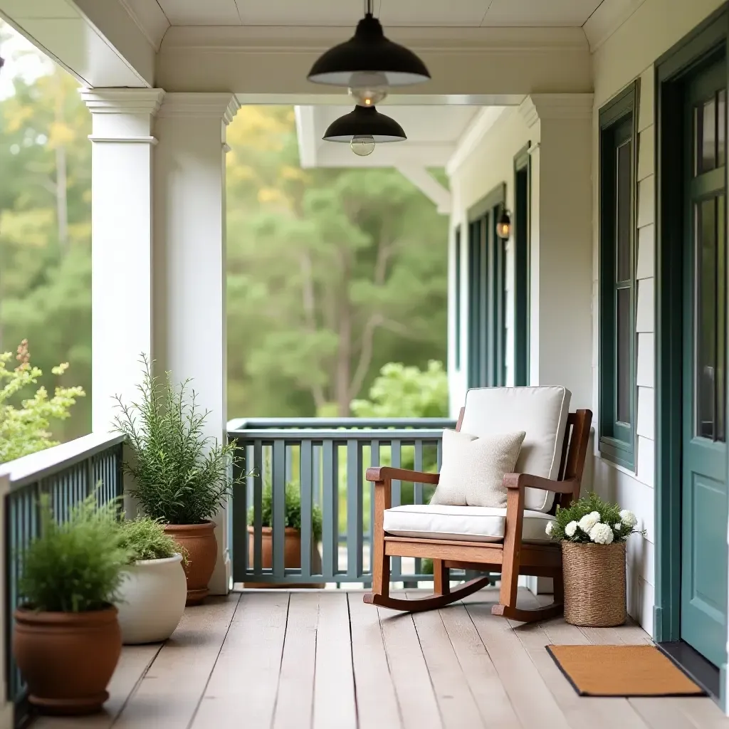 a photo of a tranquil balcony with a rocking chair and farmhouse decor