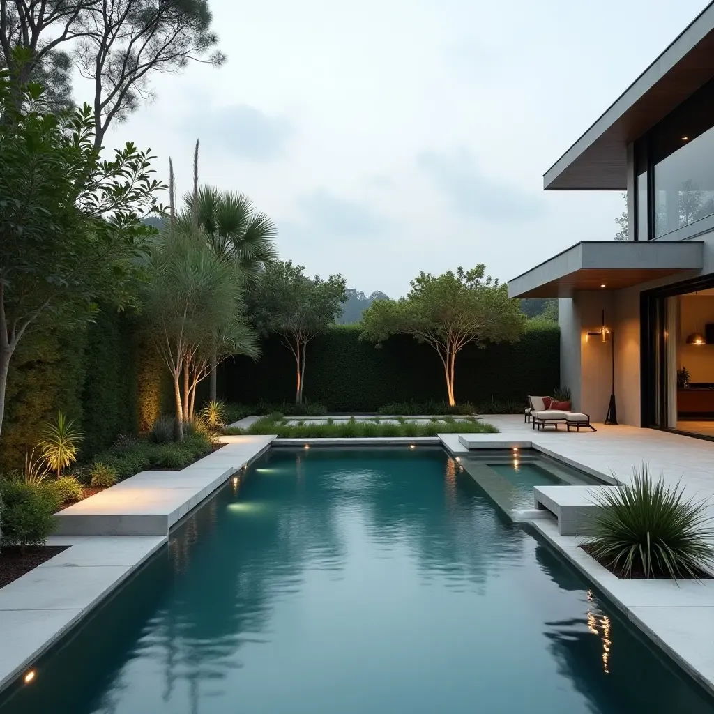 a photo of a modern minimalist pool with a tranquil water feature and plants