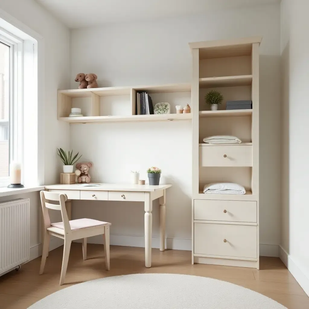 a photo of a stylish kids&#x27; room with a desk, chair, and minimalistic shelving