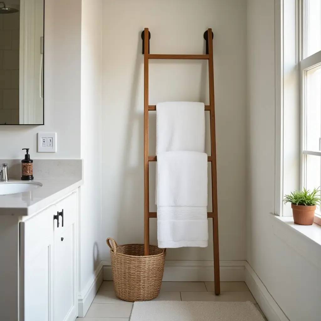 a photo of a wooden ladder used for towel storage in a chic bathroom