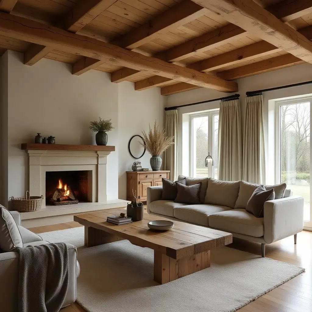 a photo of a cozy living room with wooden beams and a rustic coffee table