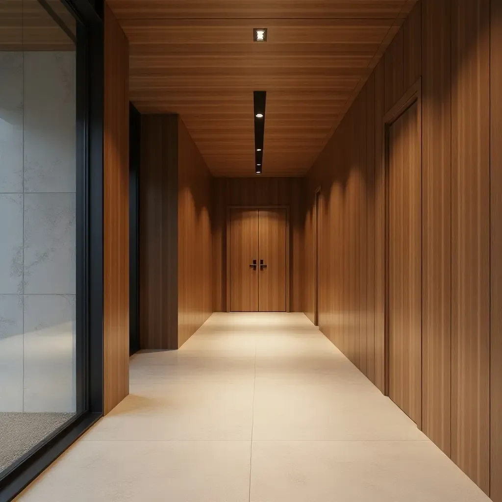 a photo of a corridor with concrete flooring and wooden accents