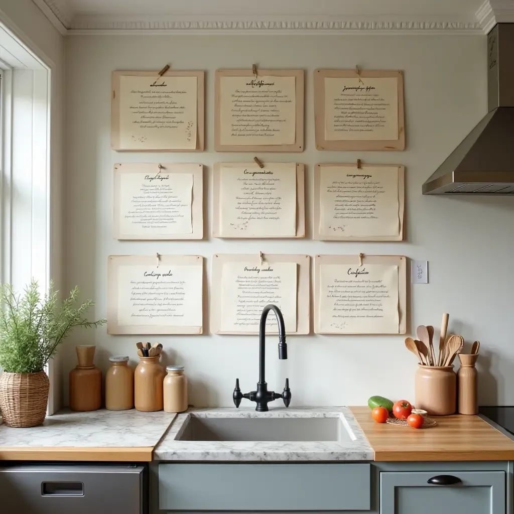 a photo of a wall of family recipes in a homey kitchen