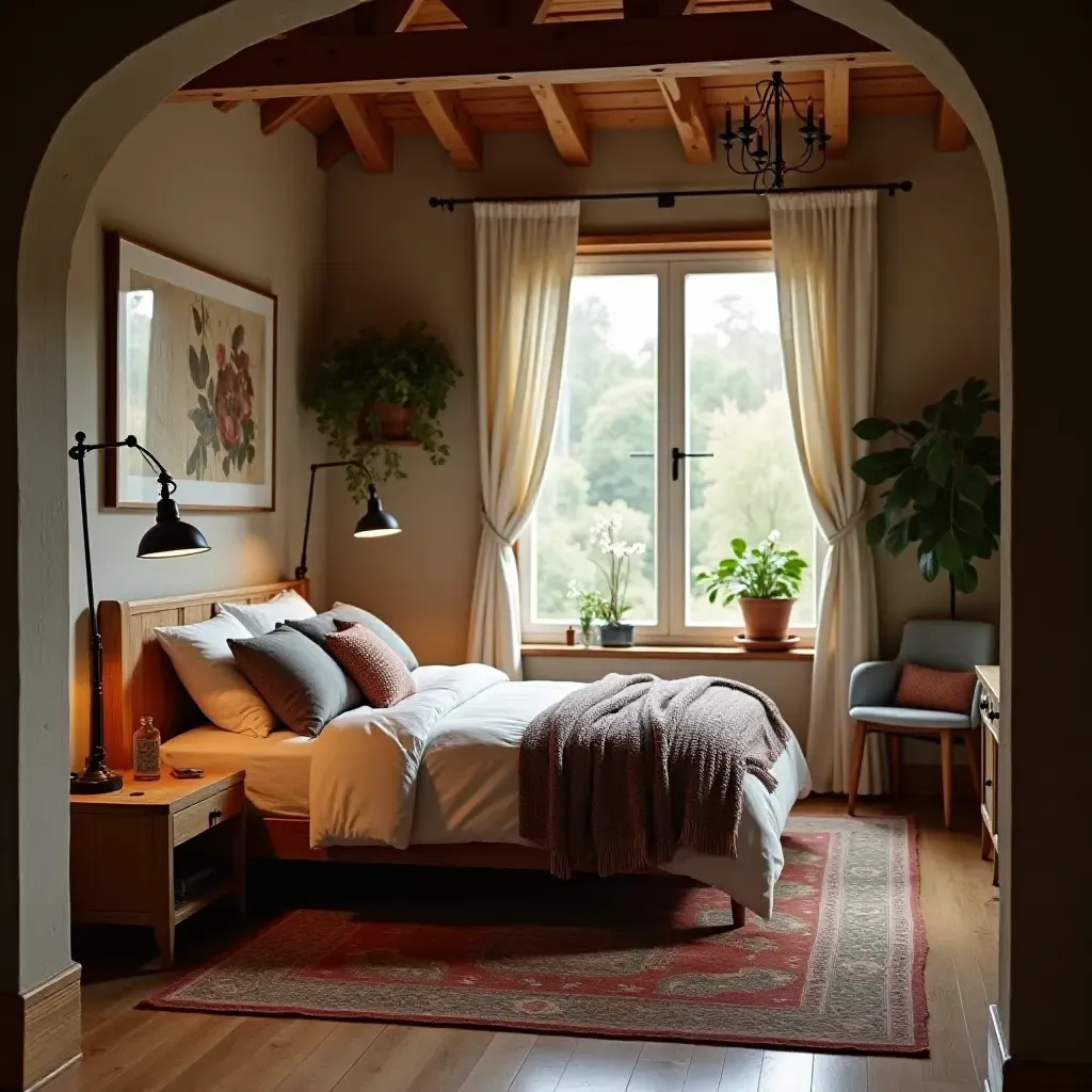 a photo of a cozy reading nook in a modern rustic bedroom with natural light