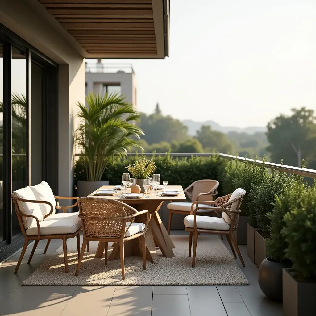 a photo of a balcony with a chic dining set and greenery