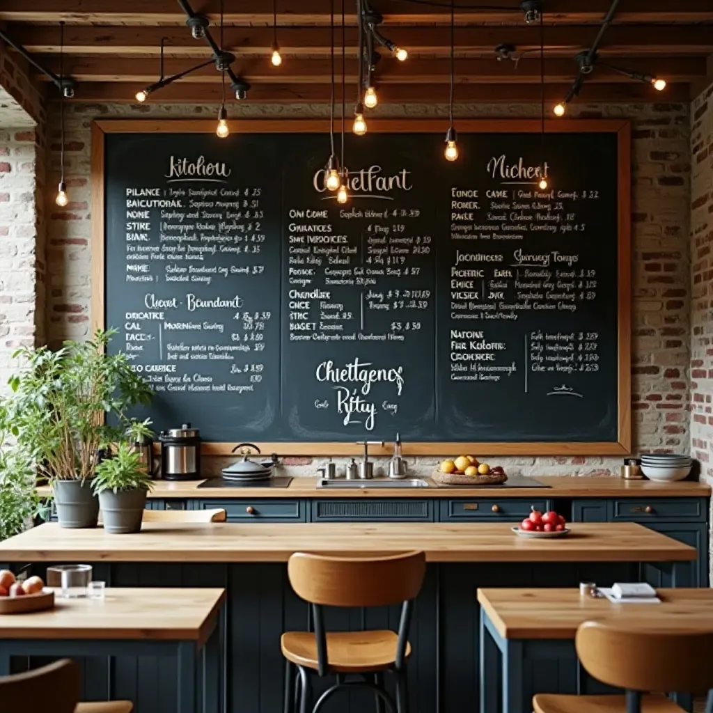 a photo of a chalkboard menu wall in a rustic kitchen