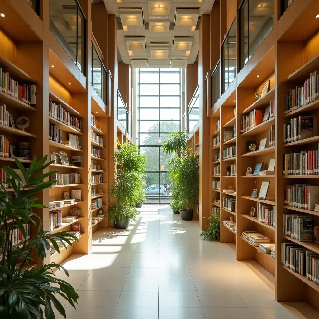 a photo of a library featuring sustainable materials and green design elements