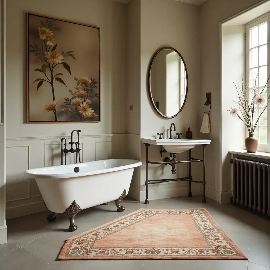 a photo of an elegant silk rug in a vintage bathroom