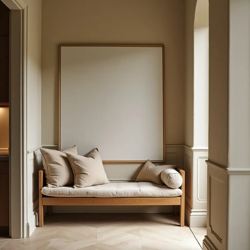 a photo of a wooden bench with pillows in a corridor