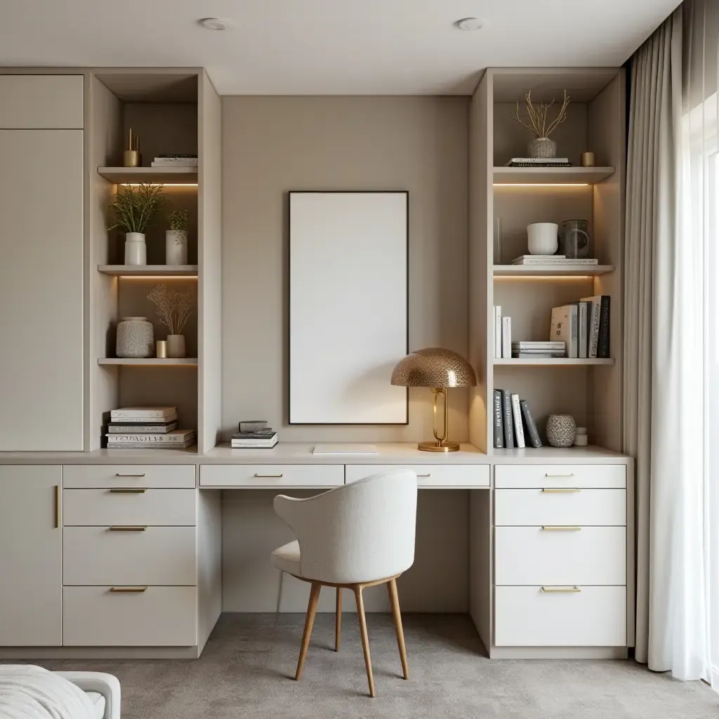 a photo of a chic bedroom with metallic accents on a desk and shelving