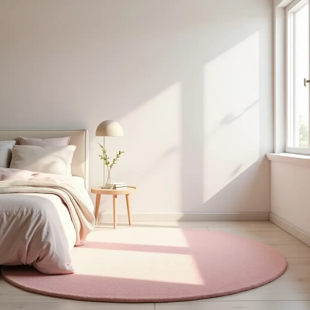 a photo of a soft, pastel rug in a dreamy bedroom setting