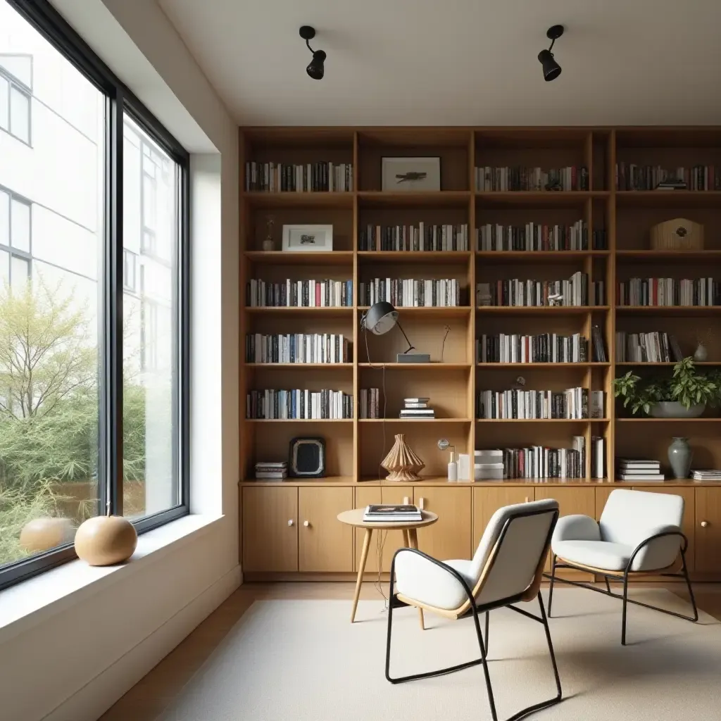 a photo of a clean-lined library with a Scandinavian touch and ample light