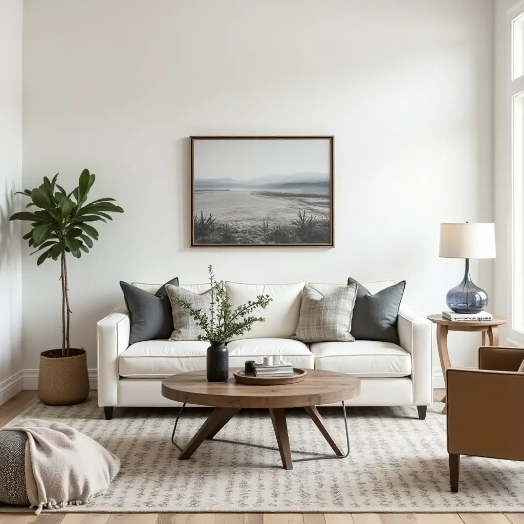 a photo of a living room featuring a mix of vintage and modern farmhouse decor