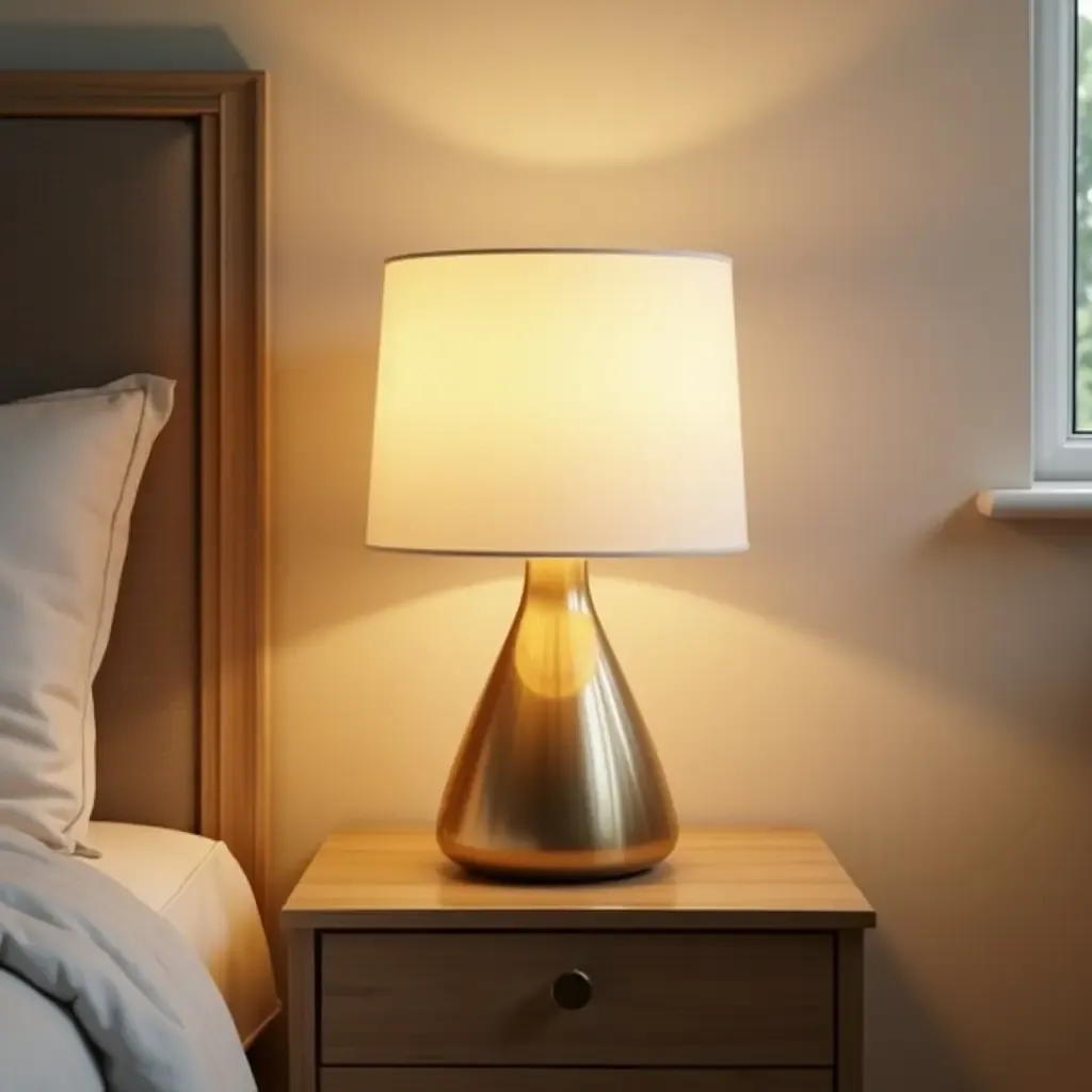 a photo of a nursery lamp with a metallic finish on the bedside table