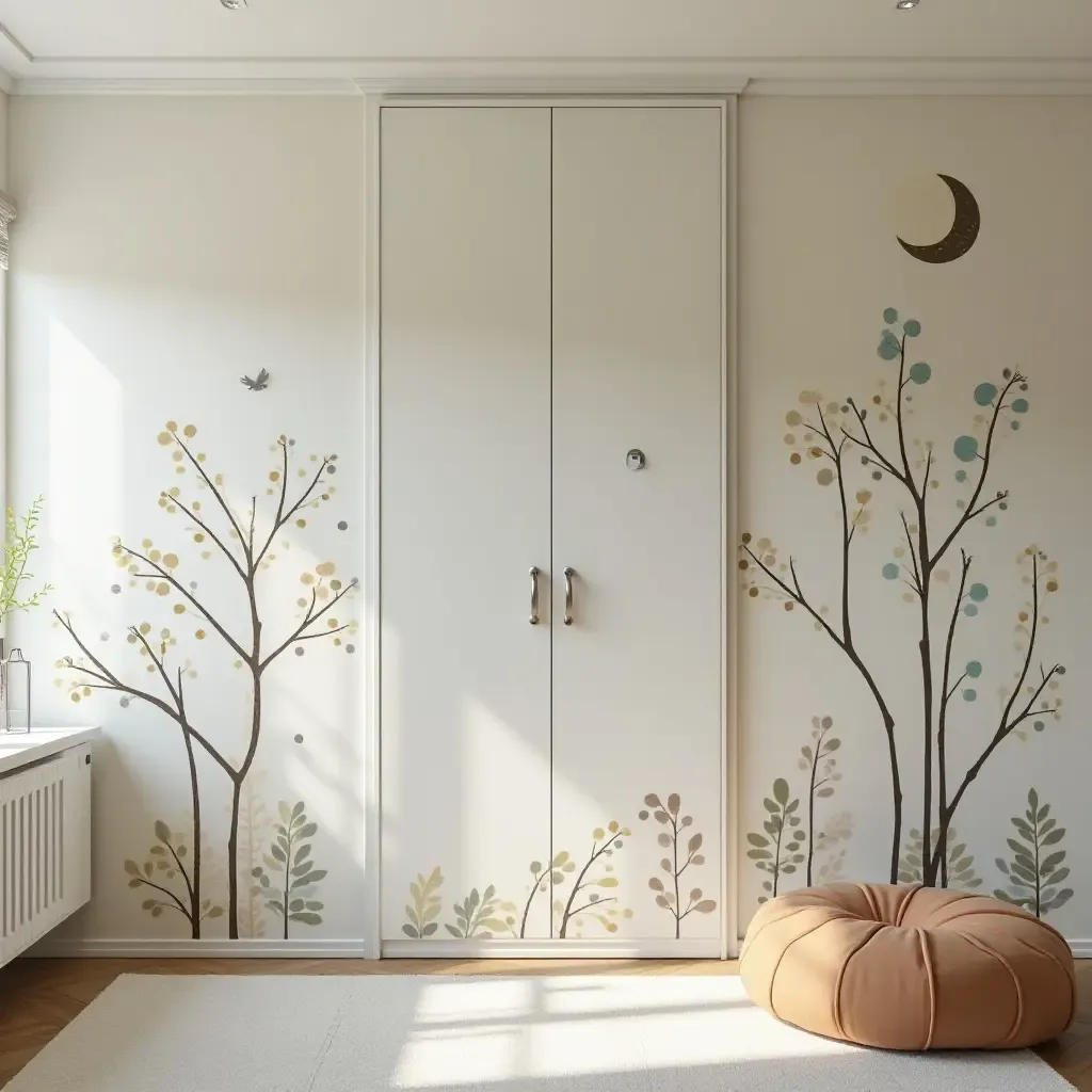 a photo of a playful wall mural that conceals storage