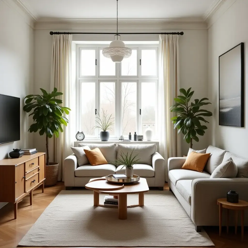 a photo of a sunlit living room with a mix of vintage and contemporary furniture