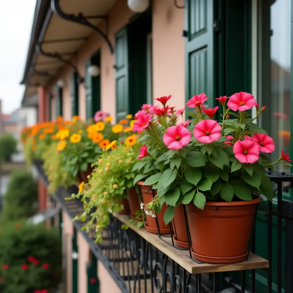 a photo of a balcony with hanging planters and colorful blooms