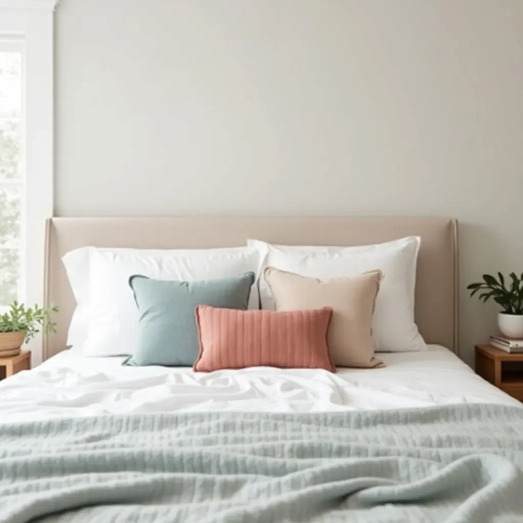 a photo of a serene teen bedroom with calming throw pillows on the bed