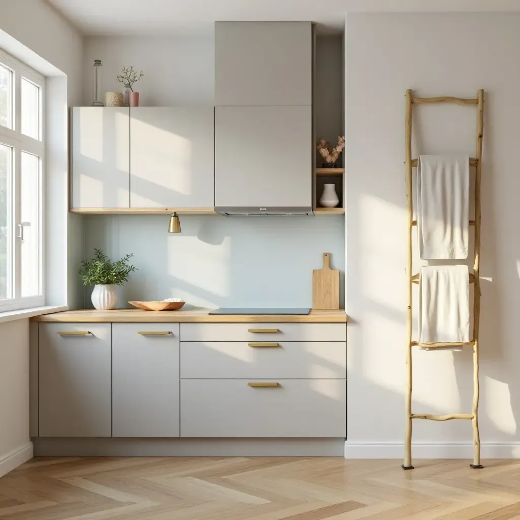 a photo of a kitchen with a wooden ladder for decor