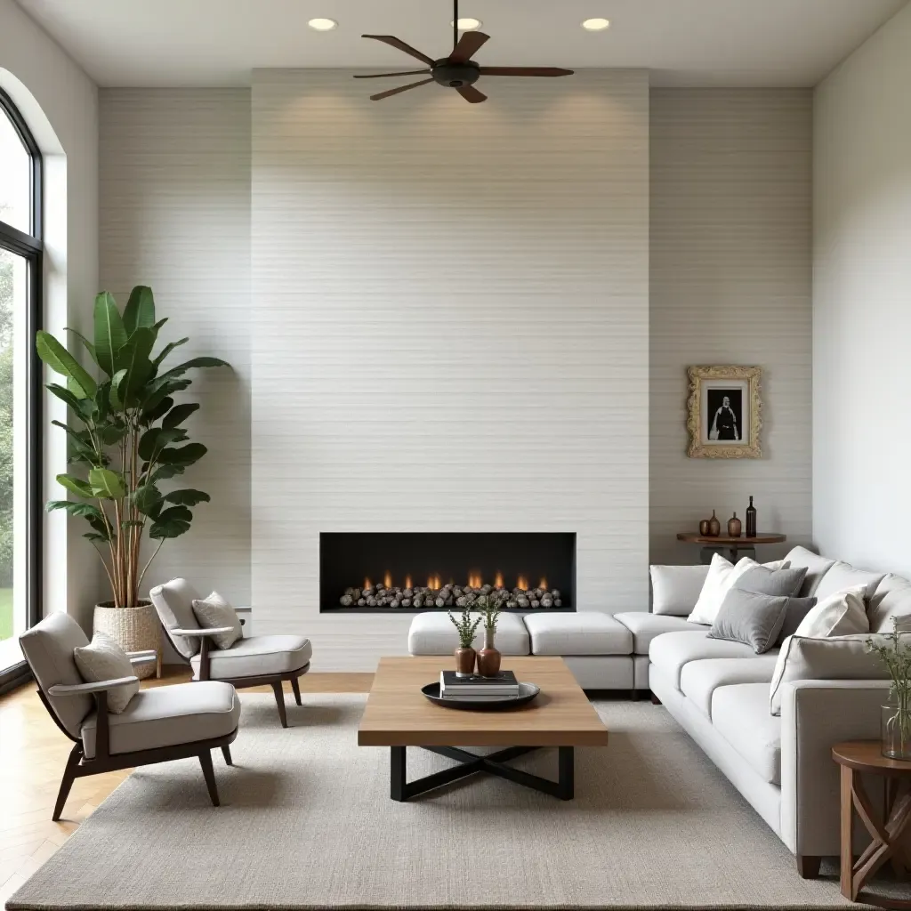 a photo of a living room featuring a unique farmhouse-style accent wall