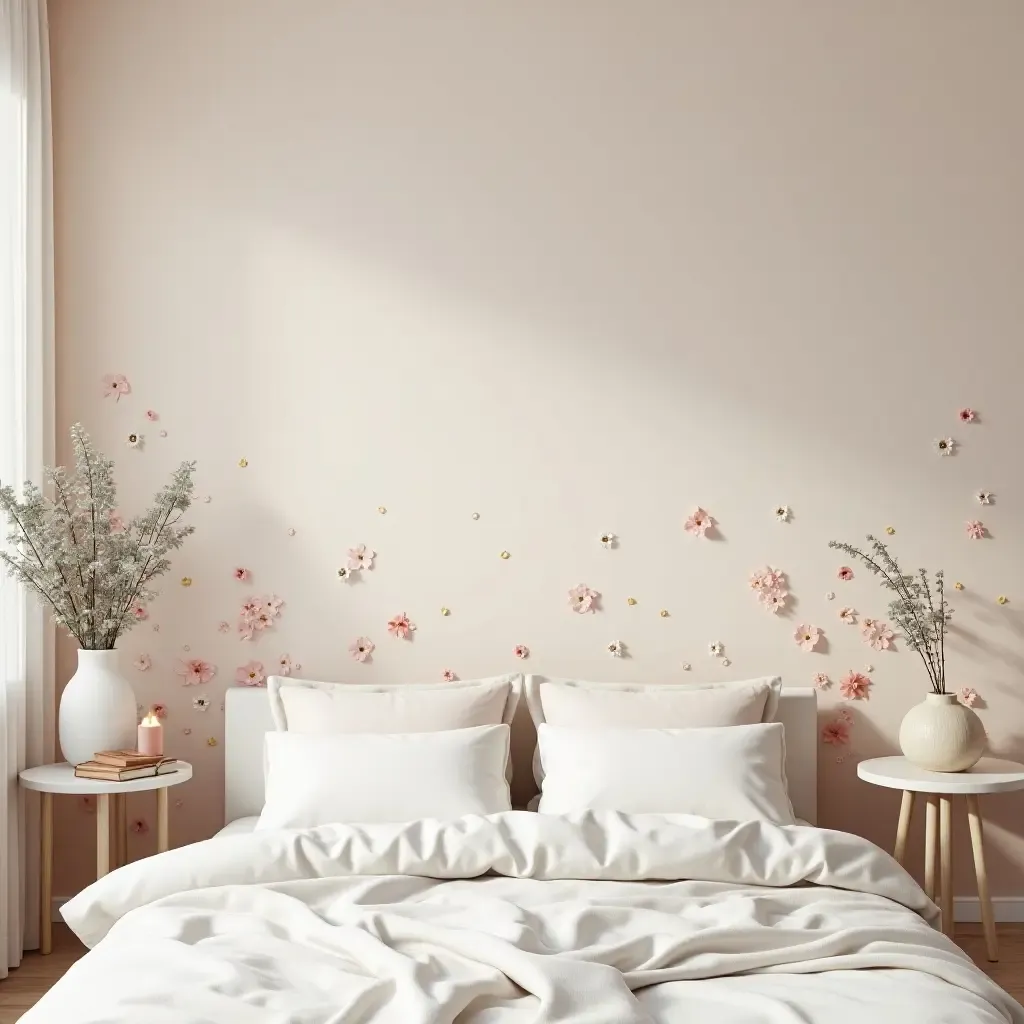 a photo of a pastel-colored bedroom with a floral accent wall