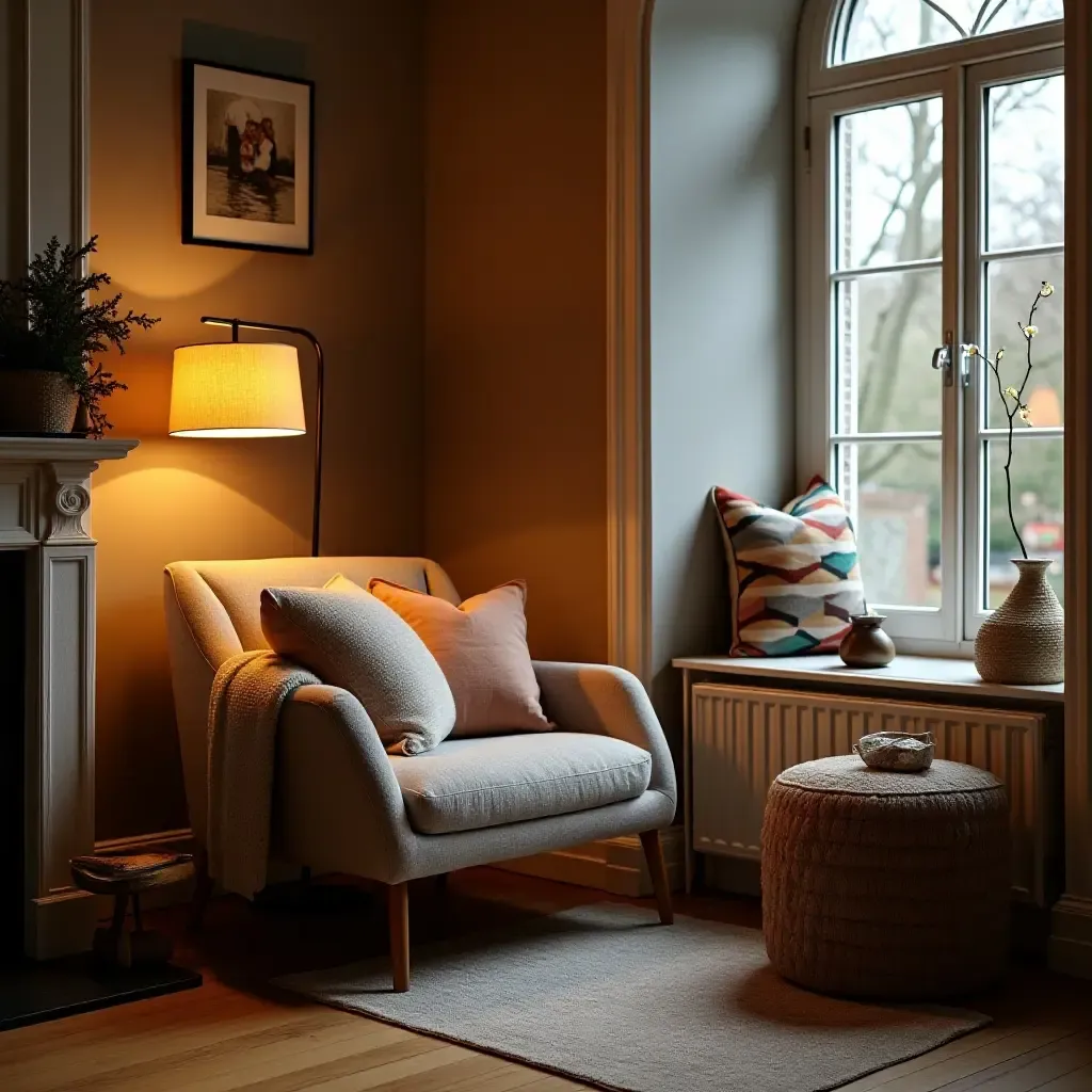 a photo of a stylish reading nook with a unique lamp and cozy textiles