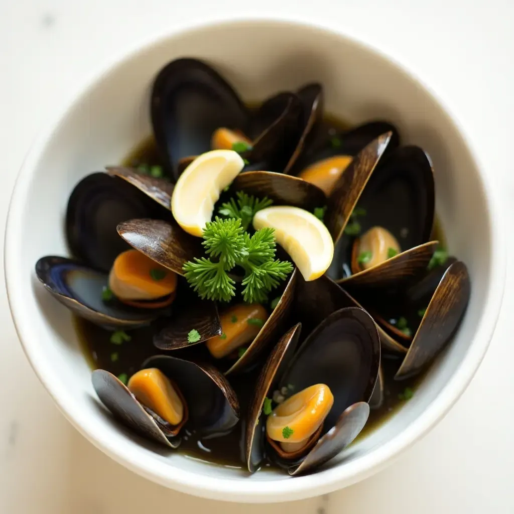 a photo of a classic French moules marinières in a white bowl, garnished with parsley and garlic.