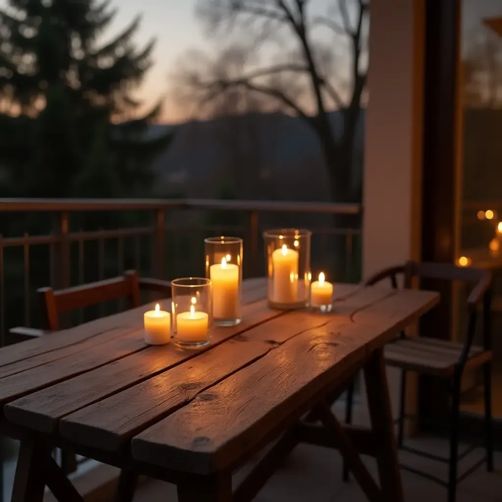 a photo of a rustic wooden table on a balcony with candles