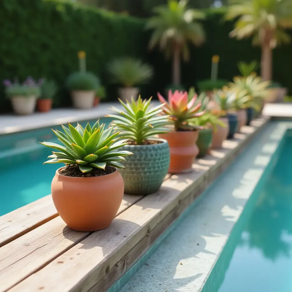 a photo of colorful succulents arranged on poolside tables