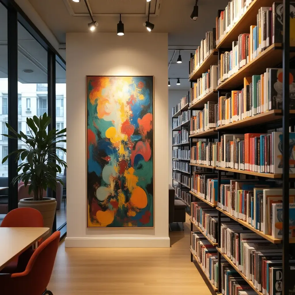 a photo of a library wall with colorful abstract paintings