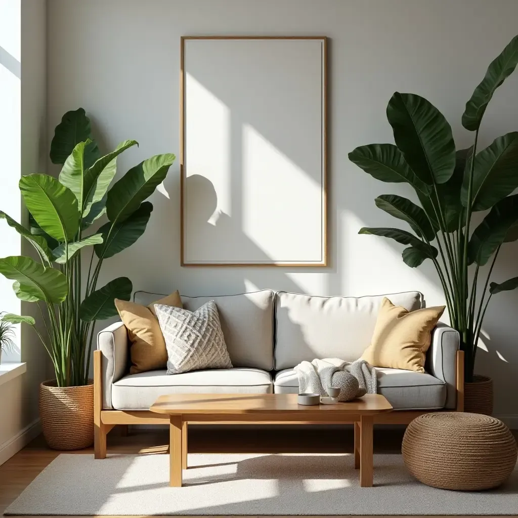 a photo of a living room with tropical plants and bohemian accents