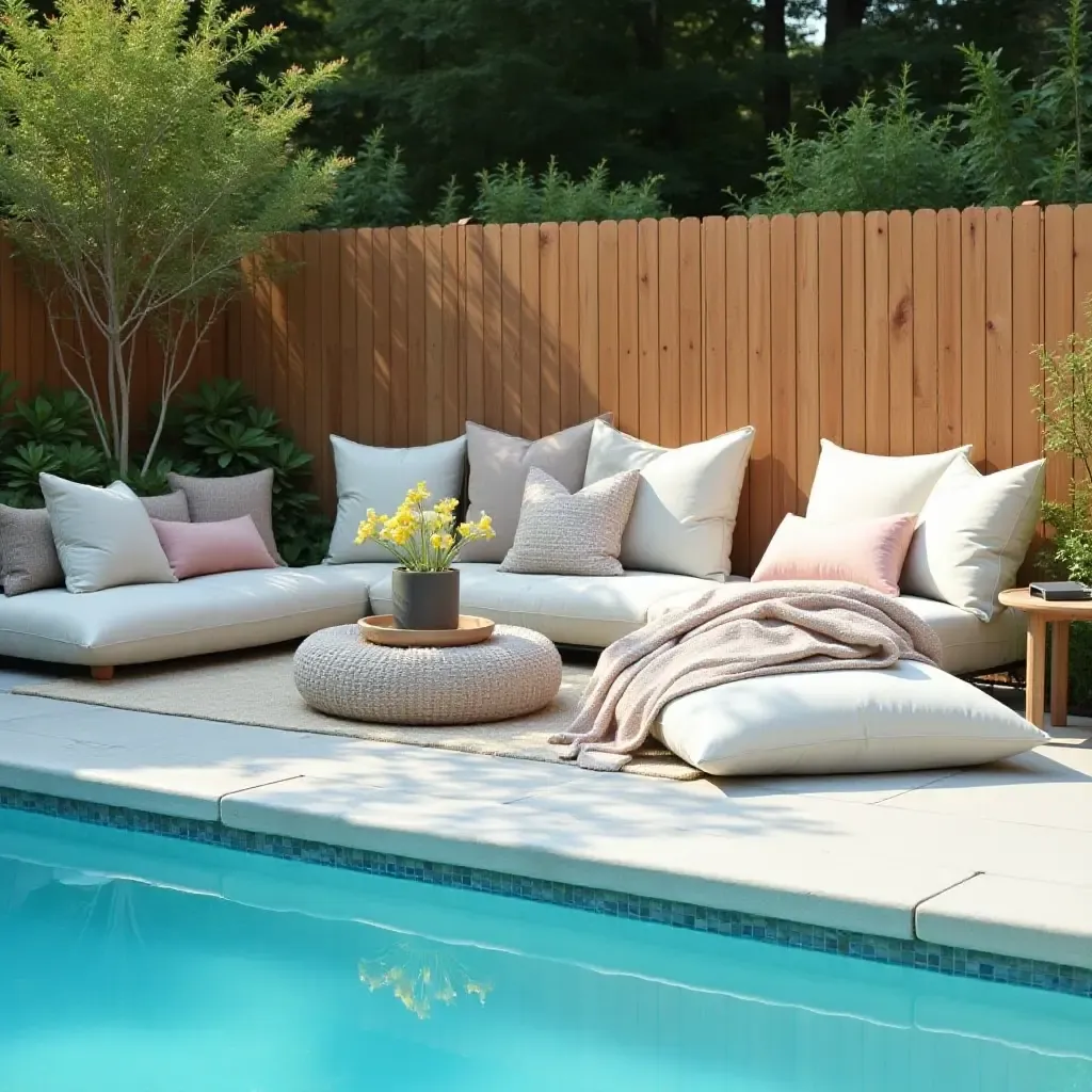 a photo of throw pillows creating an inviting atmosphere around the pool