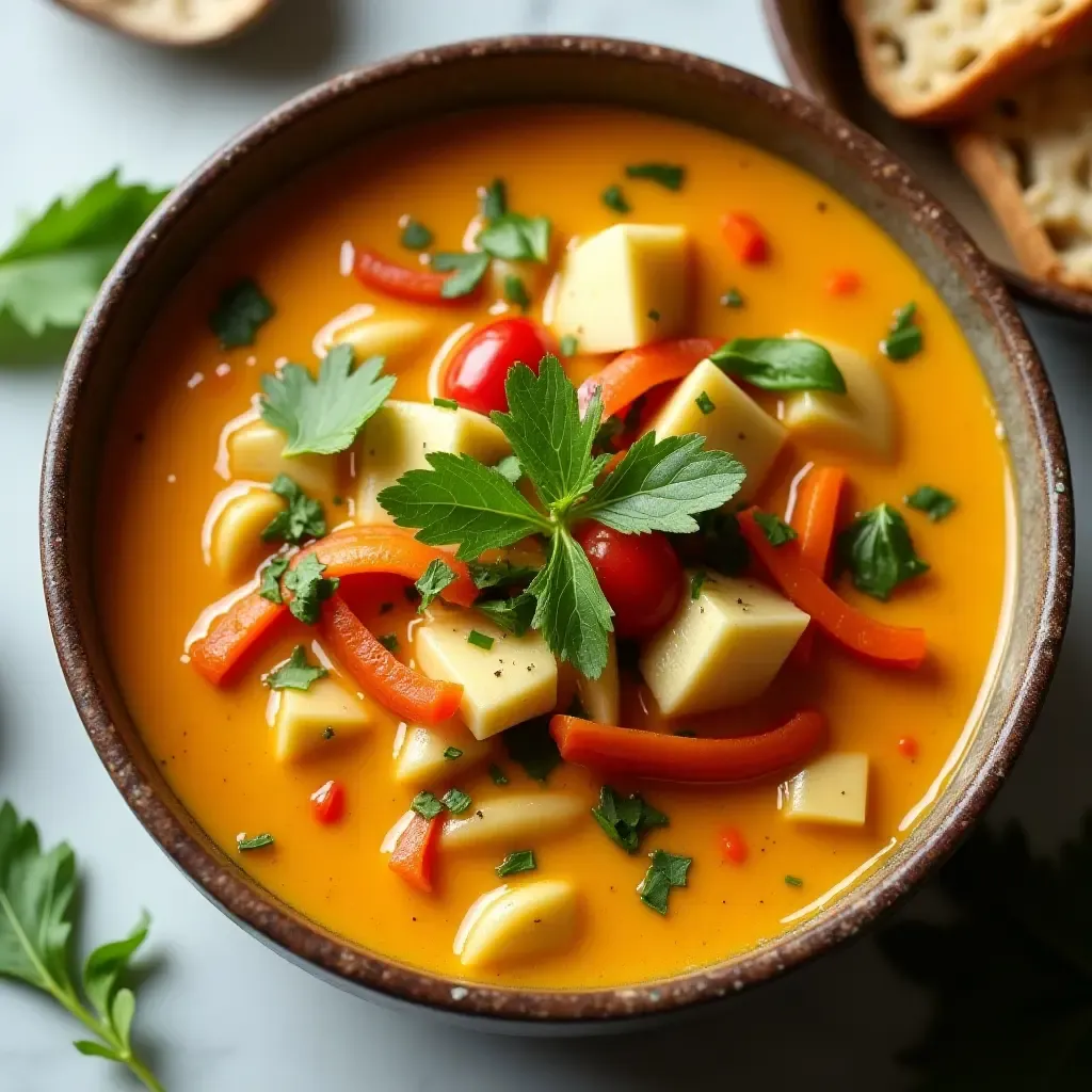 a photo of creamy Thai coconut curry with vibrant vegetables and fresh herbs.