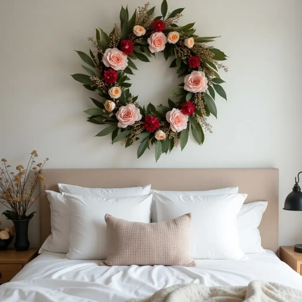 a photo of a floral wreath hanging above a cozy bed