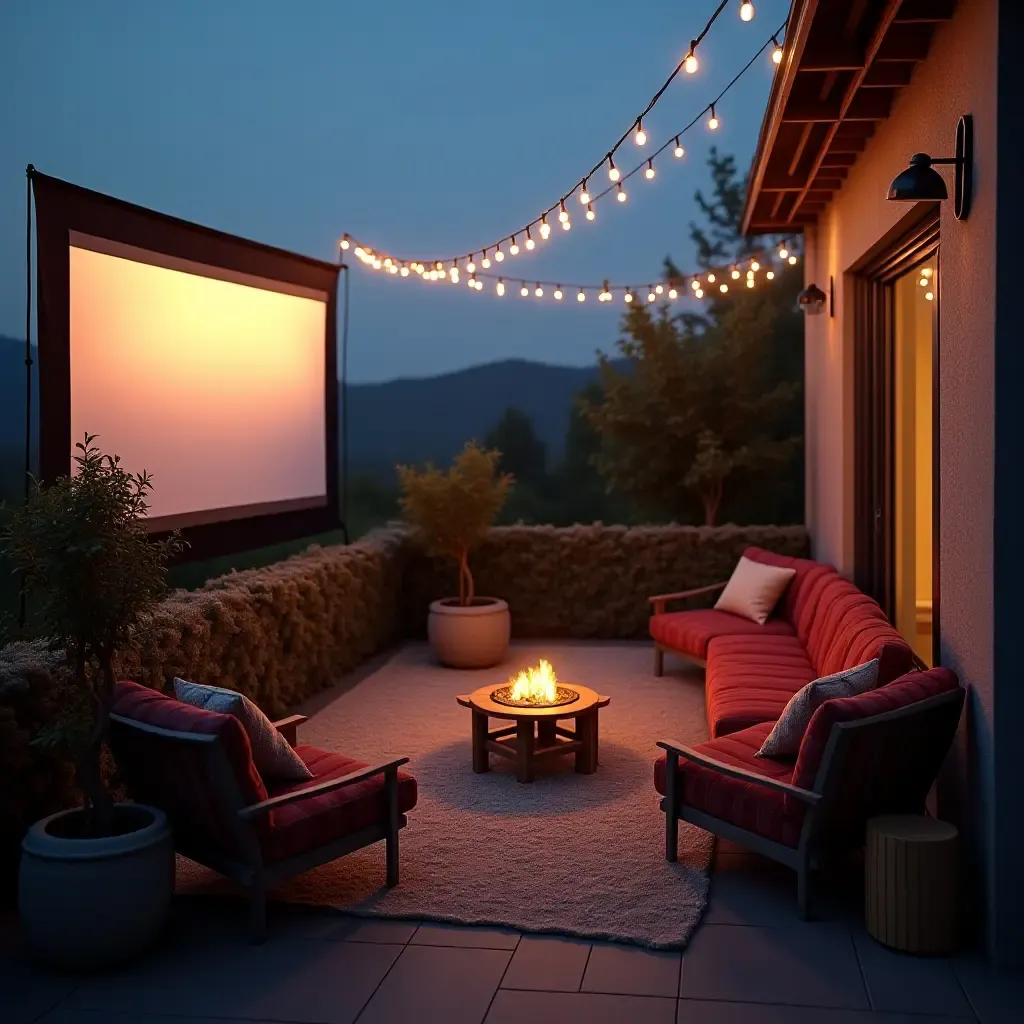 a photo of a balcony with a small outdoor movie setup