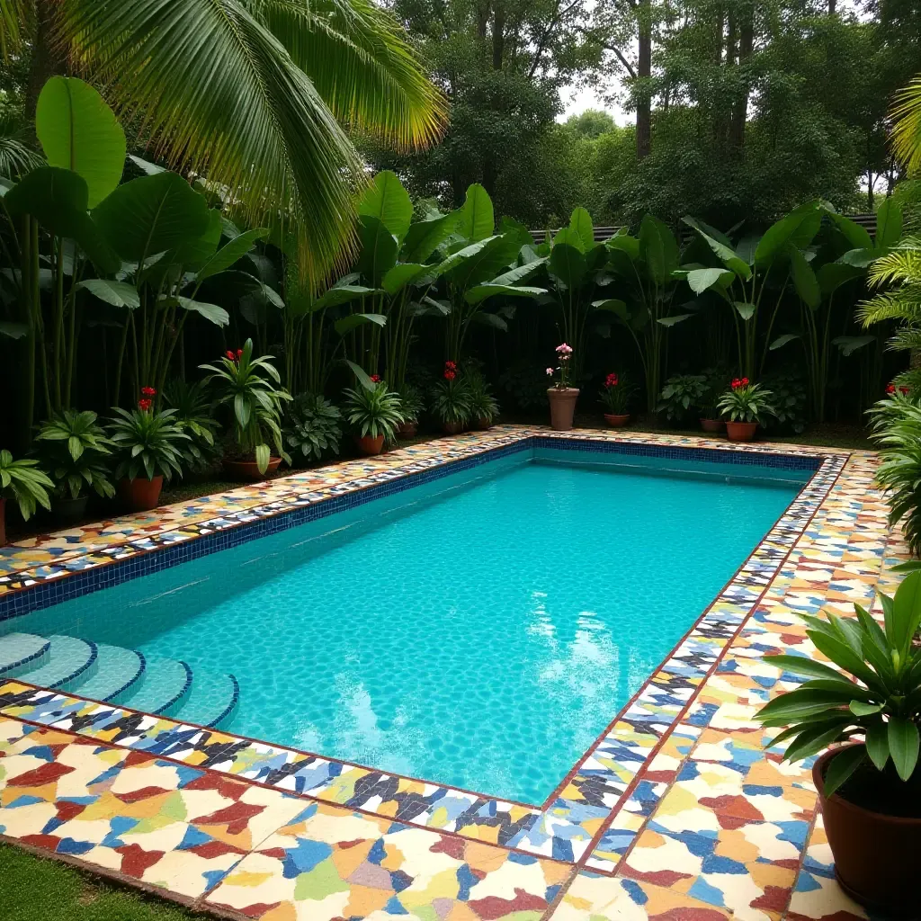 a photo of a colorful mosaic-tiled pool surrounded by lush greenery