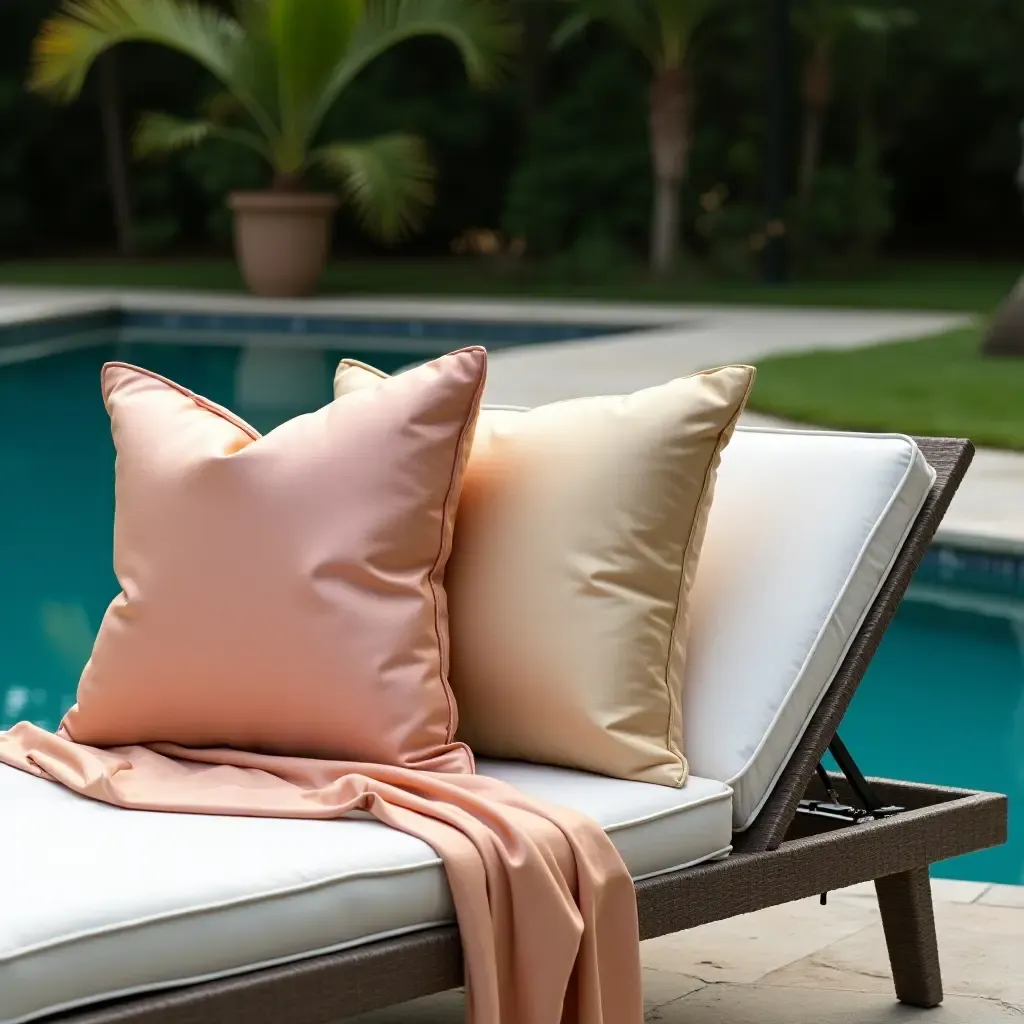 a photo of luxurious silk throw pillows on a poolside chaise